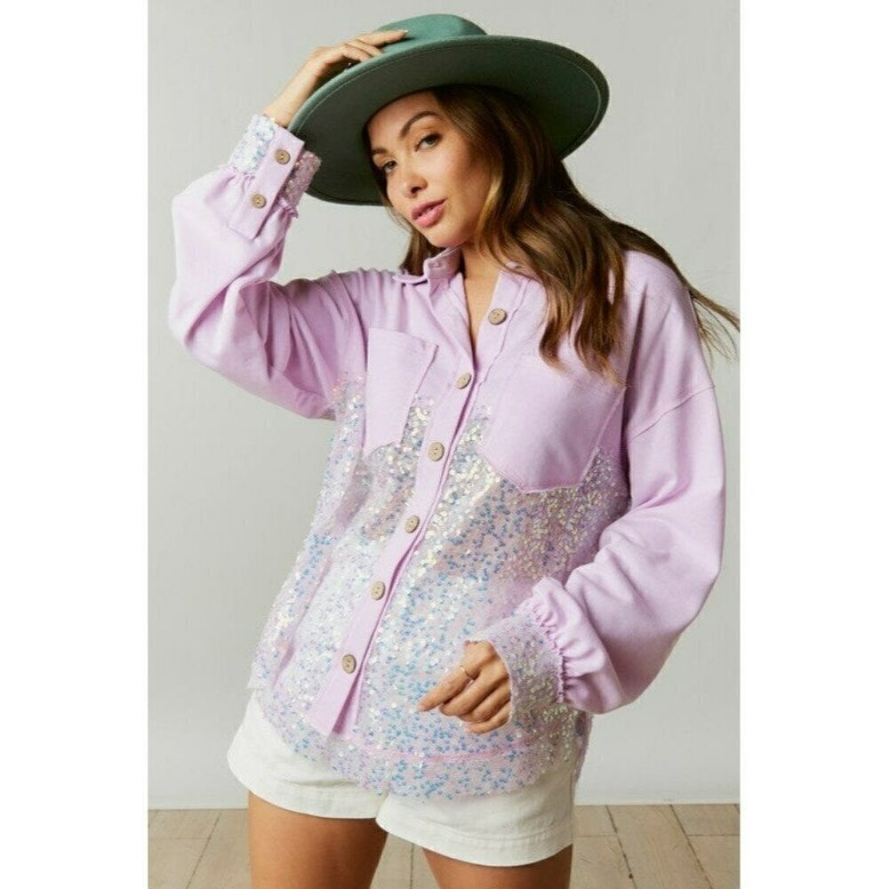 All Things Bling Sequin Contrast Color Block Shacket in Lavender - Picture 6 of 8